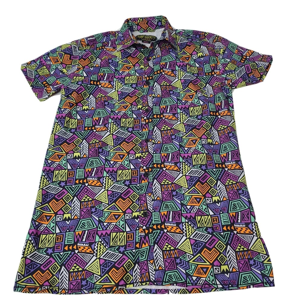Surf Society Mens Small Colorful Summer Button Short Sleeve Shirt Abstract EUC